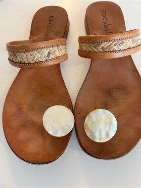 Cocobelle Brown Leather Slide Sandals with Mother-of-Pearl Brown Accent Size 9